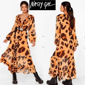 Nasty Gal Leopard Animal Print Crinkle Chiffon Ruffled V-Neck Maxi Dress Orange